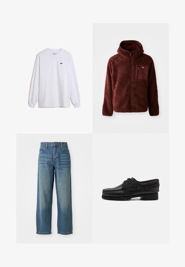Bordeaux fleece jack met rits aan de voorkant, een capuchon, zijzakken en een borstzak. Getextureerd, zacht materiaal met een licht oversized pasvorm.; Witte langelijf t-shirt van katoen, met een kleine zwarte skateboardafbeelding op de linkerkant van de borst en geribde manchetten.; Lichtblauwe denim wijde broek met een hoge taille, vijf zakken en een licht vervaagde afwerking. Voorzien van een knoop- en ritsclosure.; Zwarte schoen met een leren bovenzijde, textiele accenten, ronde veters en een getextureerde rubberen zool. Voorzien van mocassin-stiksel en merkdetails.