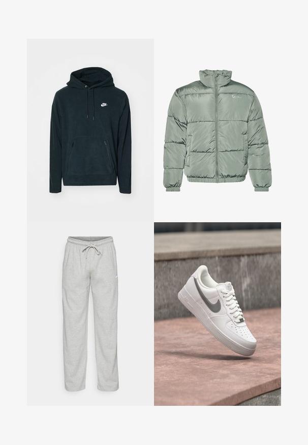 Gestepptes Jackett in Hellgrün, mit hohem Kragen, zentralem Reißverschluss und elastischen Bündchen und Saum für eine eng anliegende Passform. Glattes, glänzendes Material.; Schwarzer Fleece-Hoodie mit einer vorderen Kängurutasche und zwei seitlichen Reißverschlusstaschen. Enthält eine Kapuze mit Kordelzug und ein weißes Nike-Logo.; Helle graue Sweatpants aus weichem Stoff. Mit einem elastischen Bund und Kordelzug sowie dem schwarzen Nike-Logo auf dem linken Oberschenkel.; Weißer Nike Air Force 1 Sneaker mit grauem Swoosh-Logo, der über einer Steinoberfläche und einem grauen Steinwandhintergrund schwebt.