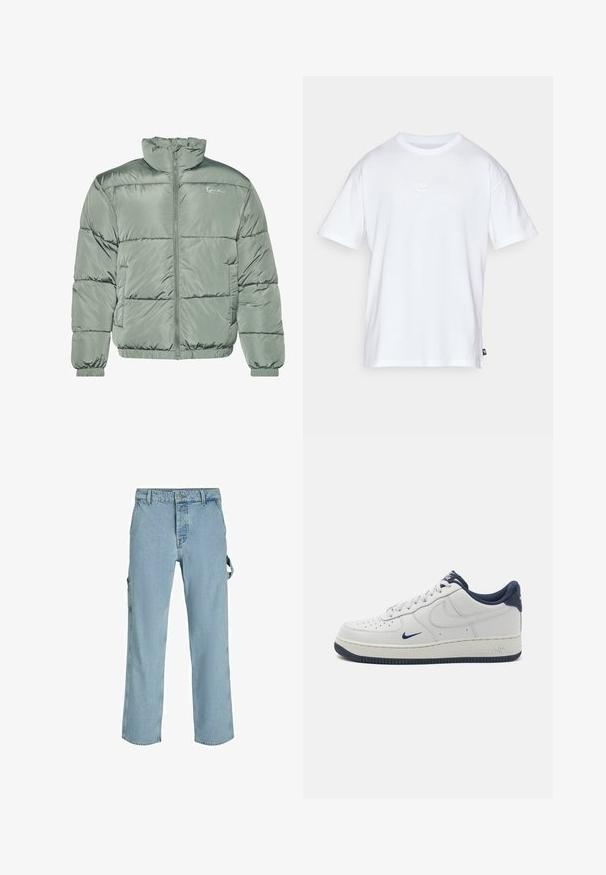 Chaquetón acolchado en verde claro, con un cuello alto, cierre central y puños y dobladillo elásticos para un ajuste ceñido. Tejido suave y brillante.; Camiseta de algodón blanca con mangas cortas y cuello redondo. Presenta un pequeño y sutil logo de Nike en el pecho y una etiqueta lateral.; Pantalones cargo de mezclilla azul claro con un corte relajado, que cuentan con lazos de sujeción laterales y bolsillos frontales, mostrando una textura desgastada.; Zapatillas Nike Air Force 1 de cuero blanco con acentos en azul marino, puntera perforada, cordones planos y suela de goma texturizada.