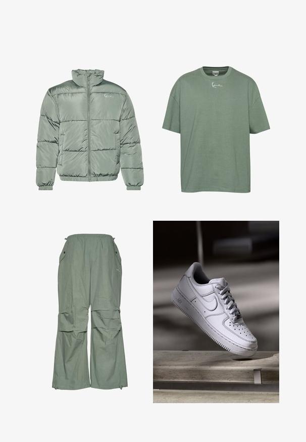 Gestepptes Jackett in Hellgrün, mit hohem Kragen, zentralem Reißverschluss und elastischen Bündchen und Saum für eine eng anliegende Passform. Glattes, glänzendes Material.; Grünes Baumwoll-T-Shirt mit entspanntem Schnitt, geripptem Rundhalsausschnitt und kurzen Ärmeln. Mit weißem, gesticktem Text auf der Brust.; Hellgrüne, locker sitzende Cargo-Hosen mit einem Kordelzugbund, Seitentaschen und weitem Bein. Hergestellt aus leichtem Stoff mit einer zerknitterten Textur.; Weißer Nike Air Force 1 Sneaker aus Leder mit perforierter Zehenpartie, flachen Schnürsenkeln und strukturierter Gummisohle mit "AIR"-Branding an der Seite.