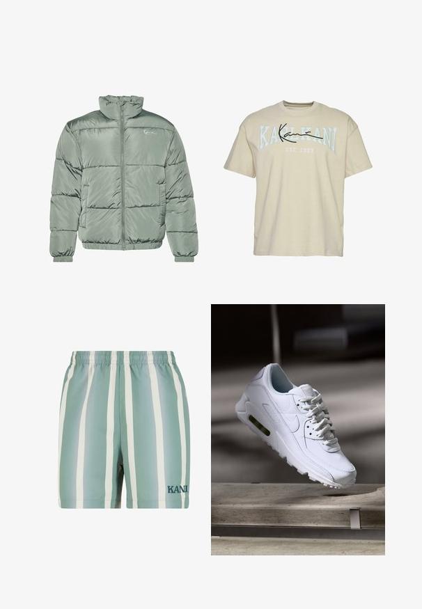 Gestepptes Jackett in Hellgrün, mit hohem Kragen, zentralem Reißverschluss und elastischen Bündchen und Saum für eine eng anliegende Passform. Glattes, glänzendes Material.; Beige Baumwoll-T-Shirt mit Rundhalsausschnitt, mit dem Schriftzug "KARL KANI" in Blau und Schwarz über der Brust, etabliert 1989 darunter.; Minzgrüne Badehose mit weißen vertikalen Streifen. Verfügt über einen elastischen Bund und ein gesticktes 'KANI'-Logo in dunkelgrün. Glatte Textur.; Weiße Lederturnschuhe mit strukturierten Oberflächen, gepolstertem Kragen und sichtbarer Luftpolsterung in der Sohle. Verfügt über Schnürsenkel und ein minimalistisches Design.