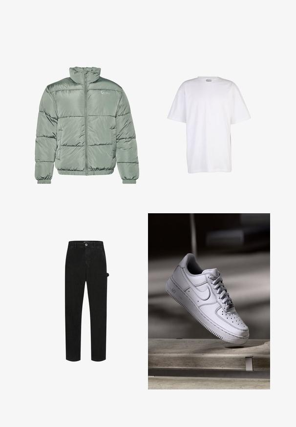 Chaquetón acolchado en verde claro, con un cuello alto, cierre central y puños y dobladillo elásticos para un ajuste ceñido. Tejido suave y brillante.; Camiseta blanca lisa de algodón con mangas cortas, cuello redondo y ajuste holgado, mostrada sobre un fondo blanco.; Pantalones de mezclilla negros con diseño de cinco bolsillos, corte recto, cierre de botón y bolsillo lateral de utilidad con costuras tonalidades.; Zapatilla Nike Air Force 1 de cuero blanco que presenta una puntera perforada, cordones planos y una suela de goma texturizada con la marca "AIR" en el lateral.