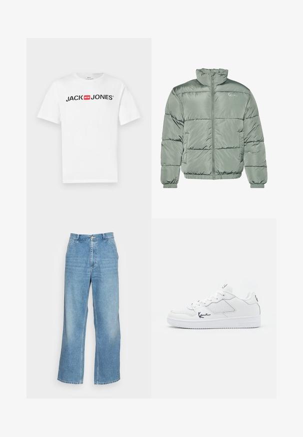 Polstret jakke i lys grøn, med høj krave, centerlynlås samt elastiske manchetter og kant for en tætsiddende pasform. Glat, blankt stof.; Hvid bomulds-T-shirt med stort sort "JACK & JONES" logo med en rød boksdetalje. Korte ærmer og klassisk rund hals.; Lyseblå bred ben jeans lavet af denim. Har en høj talje, knaplukning og standard fem-lomme design. Glat tekstur.; Hvide sneakers lavet af syntetisk materiale med perforerede detaljer, flade snørebånd, en tekstureret sål og et marineblåt logo på siden og hælen.