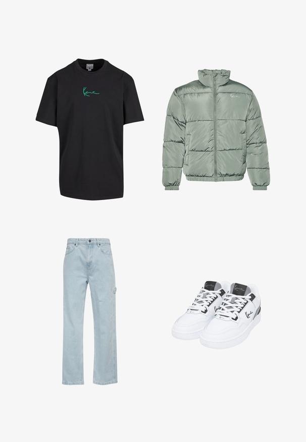 Polstret jakke i lys grøn, med høj krave, centerlynlås samt elastiske manchetter og kant for en tætsiddende pasform. Glat, blankt stof.; Sort bomulds T-shirt med korte ærmer og rund hals. Har grøn "Kanye" signatur grafik foran. Ensfarvet bagpå og afslappet pasform.; Lysblå denim jeans med lige ben-design, der har for- og baglommer samt en sidelomme til cargo. Glat tekstur, afslappet stil.; Hvite sportsko med en glatt læroverdel, grå detaljer på tungen og hælen, og sort logo-detalje på siden.