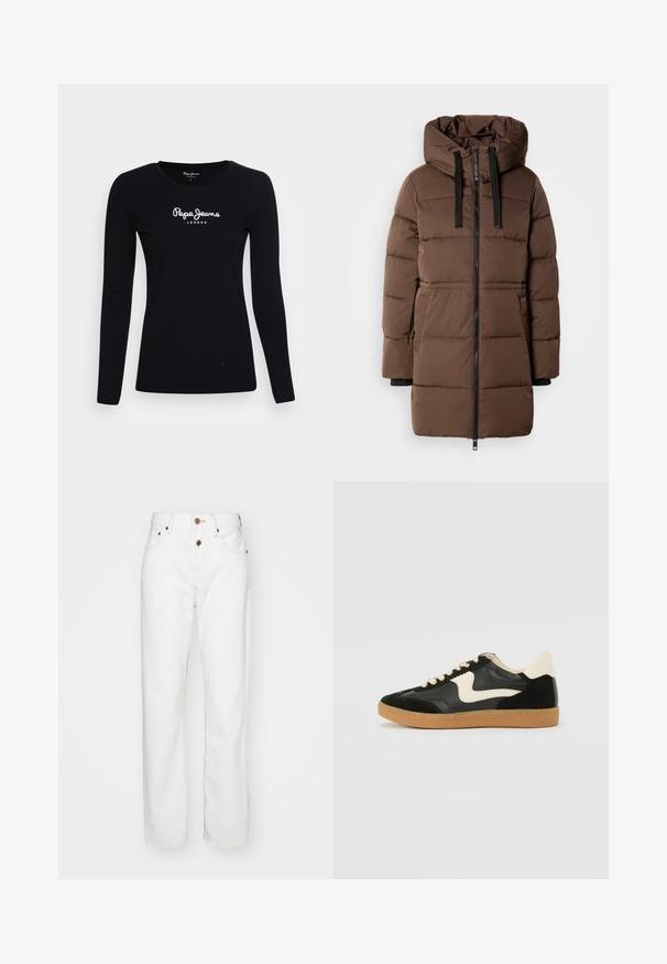 Brun polstret parka-jakke med høj krave, sort lynlås og justerbar hætte. Har vandrette syninger og sidelommer.; Sort langærmet T-shirt lavet af bomuld, med rund halsudskæring og hvidt "Pepe Jeans LONDON" logo i midten.; Hvide denimjeans med lige ben design; har en knap- og lynlåslukning, beige syninger og forlommer.; Sorte ruskinds- og lædersneakers med en cremefarvet side-swoosh og lys cremefarvet hæl. Har beige snørebånd og en gummirubber-sål.