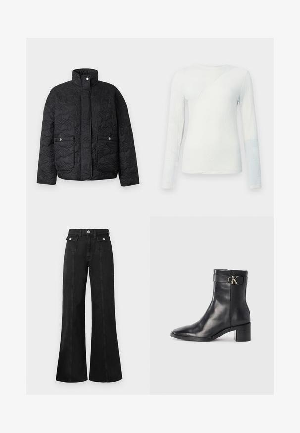 Sort quiltet jakke med høj krave, der har to frontlommer og et tekstureret geometrisk mønster. Trykknaplukninger synlige ved halsen.; Hvid langærmet top med struktureret stof, med en diagonalsøm og en lyseblå detalje på den nederste ærme, rund udskæring.; Sorte denim flared jeans med høj talje, der har to frontlommer, hardware i sølv-tone og synlige sømdetaljer foran.; Sort læder ankelstøvle med spids tå, blokhæl og en rem med en metallisk logo detalje. Glat tekstur og minimalistisk design.