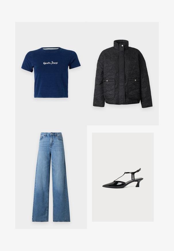 Sort quiltet jakke med høj krave, der har to frontlommer og et tekstureret geometrisk mønster. Trykknaplukninger synlige ved halsen.; Marineblå t-shirt med korte ærmer, lavet af bomuld, med "Guess Jeans" logo i hvid skrifttype henover brystet, samt rund halsudskæring.; Lyseblå jeans med højtaljet, vide ben, frontknap og lynlås, lommer foran og bagpå samt subtil afblegning på lårene.; Sort laklæder sko med lav hæl, spids tå, T-rem og spænde lukning på lys neutral baggrund.
