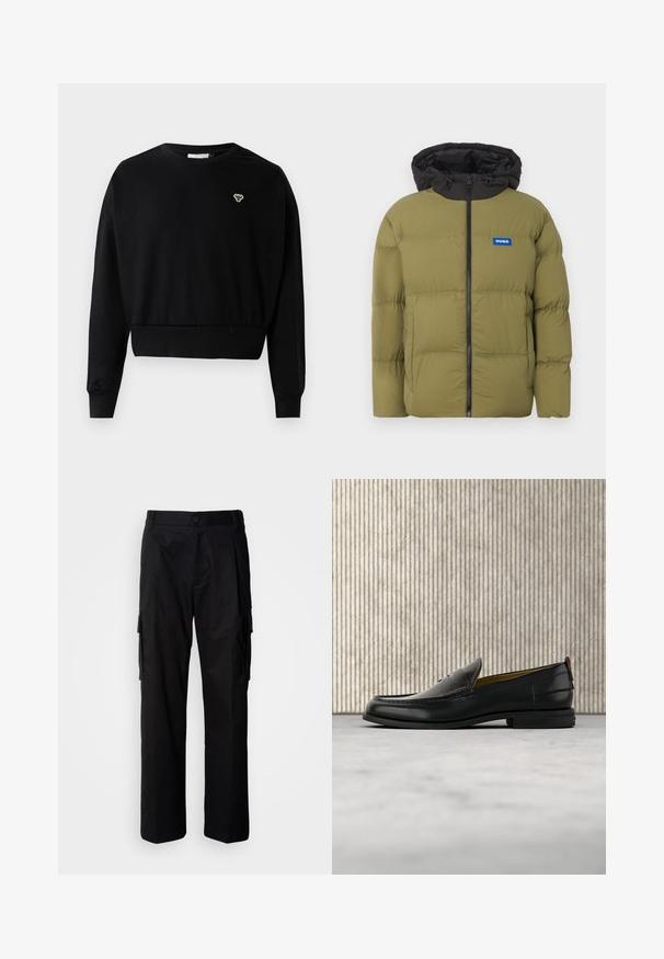 Olijfgroene pufferjack met een zwarte capuchon, voorrits en een blauw logo patch. Beschikt over gestikte secties en een gladde textuur.; Zwarte cropped sweatshirt met een ronde nek, lange mouwen en een klein geborduurd logo op de borst, gemaakt van een zachte katoenmix.; Zwarte cargobroek met een losse pasvorm, voorzien van zijzakken, een knoopsluiting en glad, lichtgewicht materiaal.; Zwarte leren herenslipper met een krokodillen-embossed voorblad en een lage hak, zij-aanzicht op een neutrale achtergrond.