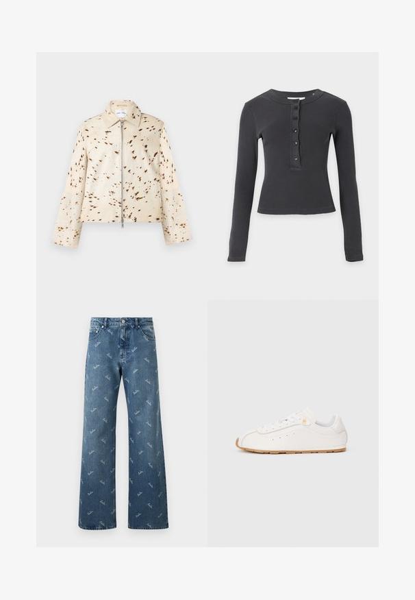Beige Jacke mit langen Ärmeln und braunen Sprenkeln, vorne mit Reißverschluss und spitzem Kragen, vor einem schlichten weißen Hintergrund präsentiert.; Langärmliges, dunkelgraues, geripptes Shirt mit rundem Ausschnitt und fünf schwarzen Knöpfen auf der Vorderleiste.; Hellblaue Denim-Jeans im weit geschnittenen Design, mit einem wiederholten 'lala'-Logo-Muster in Weiß und einem klassischen Fünf-Taschen-Stil.; Niedrigprofilige weiße Ledersneaker mit weißen Schnürsenkeln, kleinem goldenen Logo nahe den oberen Ösen und leicht brauner Gummisohle.