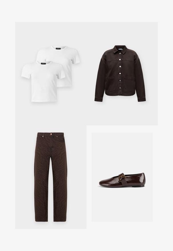 Chaqueta marrón oscuro con botones, mangas largas, dos bolsillos delanteros y cuello doblado mostrada sobre un fondo liso.; Dos camisetas blancas lisas de manga corta con cuello redondo y etiquetas de la marca JJXX, mostradas sobre un fondo gris claro.; Jeans de tiro alto marrones con estampado de cebra oscuro, cinco bolsillos, cierre de botón y corte de pierna recta sobre fondo blanco.; Zapato plano de charol marrón oscuro con una gran hebilla dorada y puntera redondeada, mostrado de perfil sobre un fondo blanco.