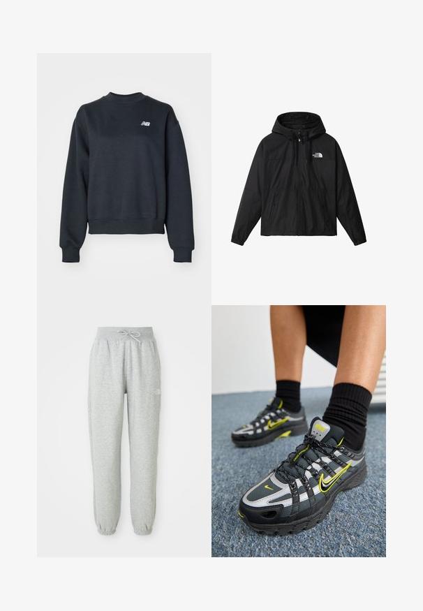 Lette sort jakke med hætte, lynlås foran, to sidelommer og justerbare snore. Har et logo på venstre bryst.; Mørkegrå crewneck sweatshirt lavet af en bomuldsblanding. Har ribbenhalsudskæring og manchetter samt et lille hvidt logo på brystet.; Grå sweatpants med elastisk talje og snøre. Stoffet er blødt, og de har elastiske manchetter ved anklerne samt et logoaccent.; Sorte og grå atletiske sko med refleksive sølvdetaljer, teksturerede mesh-paneler og lysegule detaljer. Snørebåndsdesign med struktureret sål.