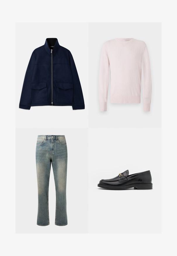 Dondup JACKET - Let jakke / Sommerjakker - universe blue; Lys pink langærmet strikket sweater med ribbede manchetter, kant og rund halsudskæring på en ensfarvet hvid baggrund.; Lys blå denim jeans med lige ben, mellemhøj talje og subtilt slid. Har klassisk lomme-design og kontrasterende stikninger.; Sorte læder loafers med en rund tå, der har guld hardware accent og syningsdetaljer, placeret på en lav, tekstureret gummisål.
