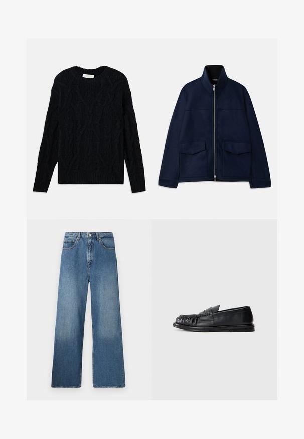 Dondup JACKET - Leichte Jacke - universe blue; Dunkelblauer Kabelstrickpullover mit Rundhalsausschnitt, strukturiertem Muster sowie geripptem Saum und Bündchen. Aus einem dicken Textilmaterial gefertigt.; Breite blaue Denim-Jeans mit klassischem Fünf-Taschen-Design, Knopfverschluss vorne und leichtem Verblassen für Textur.; Schwarze Lederloafer mit einer abgerundeten, gerafften Spitze und einer flachen Sohle auf einem schlichten weißen Hintergrund.