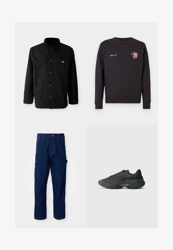 Schwarze Knopfjacke mit vier vorderen Taschen, Cordkragen und kleinem Markenlogo-Patch auf der oberen rechten Brusttasche.; Schwarzer Sweatshirt, Mischgewebe, mit Rundhalsausschnitt, langen Ärmeln und einem roten Grafikdesign eines Helms mit Schachbrettmuster. Logo auf der Brust.; Dunkelblaue gerade geschnittene Jeans-Arbeitshosen mit weißen Nähten, Gürtelschlaufen, Fronttaschen und einer seitlichen Utility-Schlaufe auf weißem Hintergrund.; Schwarzer Sportschuh mit Mesh- und Synthetik-Obermaterial, schlankem Design, dicker, geschwungener Sohle und strukturierten Akzenten an den Seiten und der Zehenpartie.