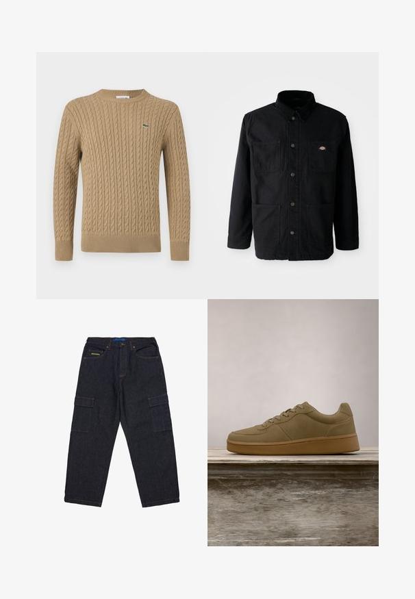 Chaqueta negra de botonadura con cuatro bolsillos frontales, cuello de pana y pequeño parche del logotipo de la marca en el bolsillo superior derecho.; Suéter de punto beige con cuello redondo, puños y dobladillo acanalados, que presenta un pequeño logo verde en el lado izquierdo del pecho. Textura suave.; Pantalones cargo de mezclilla oscura con un corte relajado, múltiples bolsillos cargo y costuras en color naranja contrastante. Etiqueta en la cintura azul visible.; Zapatilla de color verde oliva con cordones flotando sobre un banco de madera, con follaje verde desenfocado en el fondo.