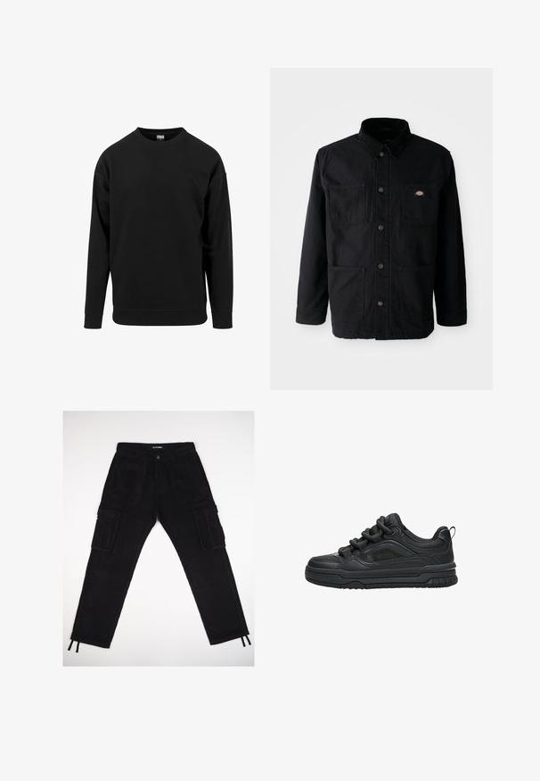 Schwarze Knopfjacke mit vier vorderen Taschen, Cordkragen und kleinem Markenlogo-Patch auf der oberen rechten Brusttasche.; Schwarzes Sweatshirt aus weichem Stoff. Verfügt über einen runden Halsauschnitt, lange Ärmel und gerippte Bündchen sowie einen Saum. Einfaches, unauffälliges Design.; Schwarze Cordhosen mit geradem Bein, zwei seitlichen Cargo-Taschen, vorderer Knopfleiste und Kordelzug an den Knöcheln.; Schwarzer Low-Top-Sneaker mit dicker Sohle, gepolstertem Kragen, Mesh-Einsätzen und kräftigen Schnürsenkeln, dargestellt vor weißem Hintergrund.