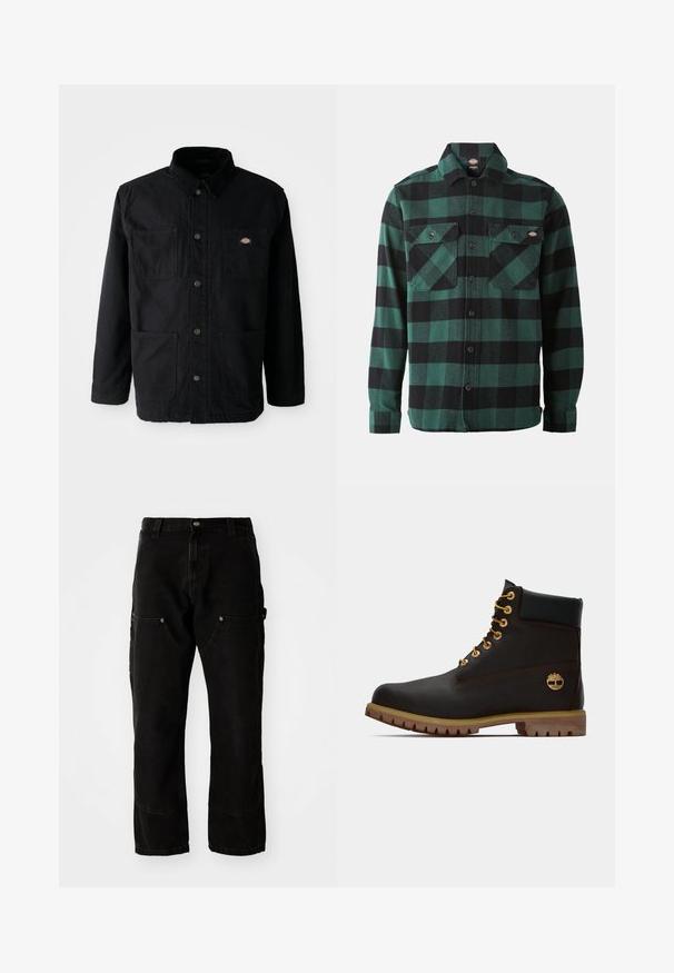 Zwarte button-up jack met vier voorzakken, corduroy kraag en klein merklogo patch op de bovenkant van de rechter borstzak.; Groene en zwarte geruite flanellen overhemd met lange mouwen, knoopsluiting aan de voorkant, twee borstzakken en een klassieke kraag. Zachte textuur, veelzijdig ontwerp.; Zwarte denim cargobroek met een relaxed fit, voorzien van twee zijzakken, steekzakken en zichtbare stiksels.; Zwarte leren enkellaars met gouden oogjes, bruine accenten en een rubberen zool. Heeft een gevoerde kraag en geperst logo aan de zijkant.