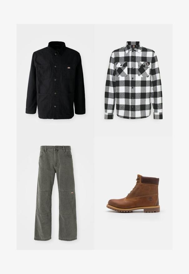 Zwarte button-up jack met vier voorzakken, corduroy kraag en klein merklogo patch op de bovenkant van de rechter borstzak.; Zwart-witte flanellen blouse met een geruit patroon, voorzien van twee borstzakken, knoopsluiting en een kraag. Zachte, gestructureerde stof.; Donkergrijze wijde broek van duurzaam materiaal, met kniestukken, een klassieke sluiting met knoop aan de voorkant en gestikte accenten.; Bruine leren wandelschoen met een gladde afwerking, gevoerde enkel, metalen oogjes en een rubberen zool met een robuust profiel.