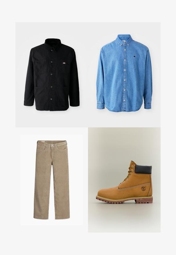 Sort knapjakke med fire forlommer, pibelkrave og lille mærke-logo-patch på den øverste højre brystlomme.; Denim button-down skjorte, lyseblå i farven, med krave, lange ærmer og et lille logo på brystet. Har hvide knapper og syninger.; Lysebrune fløjlsbukser i bred ben-design, med knap- og lynlåslukning, fem lommer og en blød, ribbet tekstur.; Brun læderankelstøvle med sort krave, gule snørebånd og tanfarvet sål. Har logo og hvide syninger som detalje. Robust ydersål med greb.