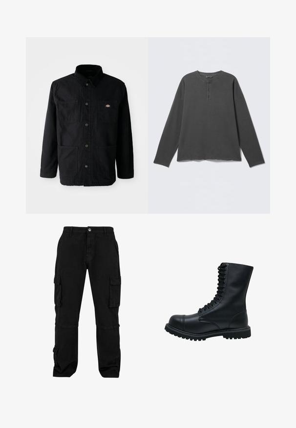 Schwarze Knopfjacke mit vier vorderen Taschen, Cordkragen und kleinem Markenlogo-Patch auf der oberen rechten Brusttasche.; Dunkelgraues Langarm-Henley-Shirt mit rundem Ausschnitt und drei Knöpfen an der vorderen Blende.; Schwarze Cargo-Hosen aus strapazierfähigem Stoff. Verfügen über mehrere Seitentaschen, eine lockere Passform und gestickte Details. Klassisches Design, das für verschiedene Anwendungen geeignet ist.; Schwarze Leder Schnürstiefel mit runder Zehenkappe, hohem Schaft, dicker Gummisohle und texturierter Oberfläche. Enthält verstärkte Nähte entlang der Nähte.