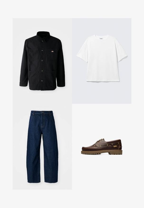 Zwarte button-up jack met vier voorzakken, corduroy kraag en klein merklogo patch op de bovenkant van de rechter borstzak.; Witte oversized T-shirt met korte mouwen, ronde hals en verlaagde schouders, plat op een lichtgrijze achtergrond.; Wijdvallende donkere spijkerbroek met een hoge taille, voorzien van vijf zakken, een sluiting met een knoop aan de voorkant en zichtbare stikseldetails.; Bruine leren veterschoen voor op een boot met gestikte details en een dikke rubberen zool, gezien vanaf de zijkant.