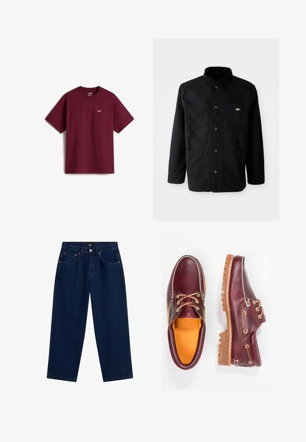 Chaqueta negra de botonadura con cuatro bolsillos frontales, cuello de pana y pequeño parche del logotipo de la marca en el bolsillo superior derecho.; Camiseta de algodón marrón con mangas cortas, escote redondo y pequeño logo blanco de Vans en el pecho izquierdo. Textura suave, corte holgado.; Vaqueros de corte ancho en azul oscuro con cinco bolsillos, cierre de botón y costuras naranjas visibles, con la etiqueta de Vans en la cinturilla.; Zapatos de cuero burdeos con suelas de goma marrón, puntera redonda, costuras blancas y ojales dorados. El interior cuenta con un forro amarillo.