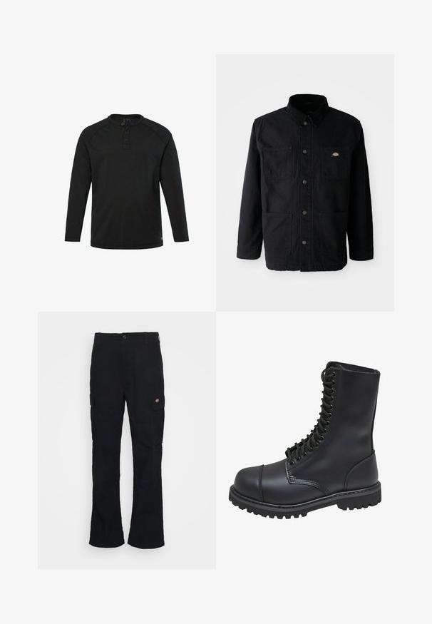 Zwarte button-up jack met vier voorzakken, corduroy kraag en klein merklogo patch op de bovenkant van de rechter borstzak.; Zwarte lange mouw Henley-shirt met drie knopen en een ronde hals, eenvoudig design en rechte zoom.; Zwarte cargobroek met een rechte pijpdesign, gemaakt van duurzaam materiaal, voorzien van zijzakken en een patchlogo aan de linkerkant.; Zwarte leren gevechtslaars met een hoge schacht, vetersluiting aan de voorkant, gewatteerde kraag en een stevige, gestructureerde zool voor grip. Bevat een versterkte neus.