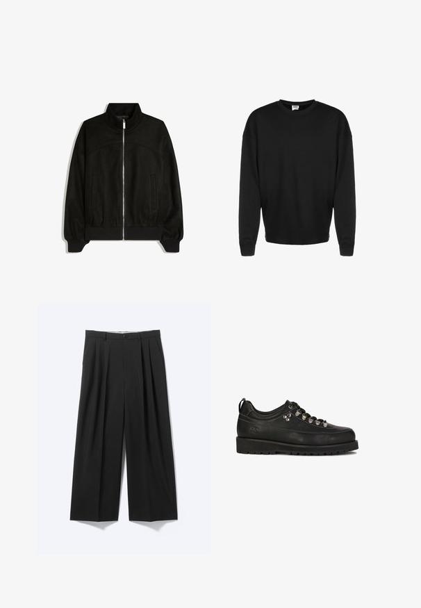 Schwarze Jacke mit Reißverschluss, hohem Kragen, langen Ärmeln, gerippten Bündchen und Saum sowie zwei Fronttaschen, flach auf weißem Hintergrund dargestellt.; Schwarzer langärmeliger Rundhalsausschnitt-Sweatshirt mit gerippten Bündchen und lockerer Passform, vor einem weißen Hintergrund präsentiert.; Schwarze Weithose mit vorderen Falten, Gürtelschlaufen und Knopfverschluss auf schlichtem hellem Hintergrund dargestellt.; Kazar Studio KS BLAISE - Sportlicher Schnürer - black