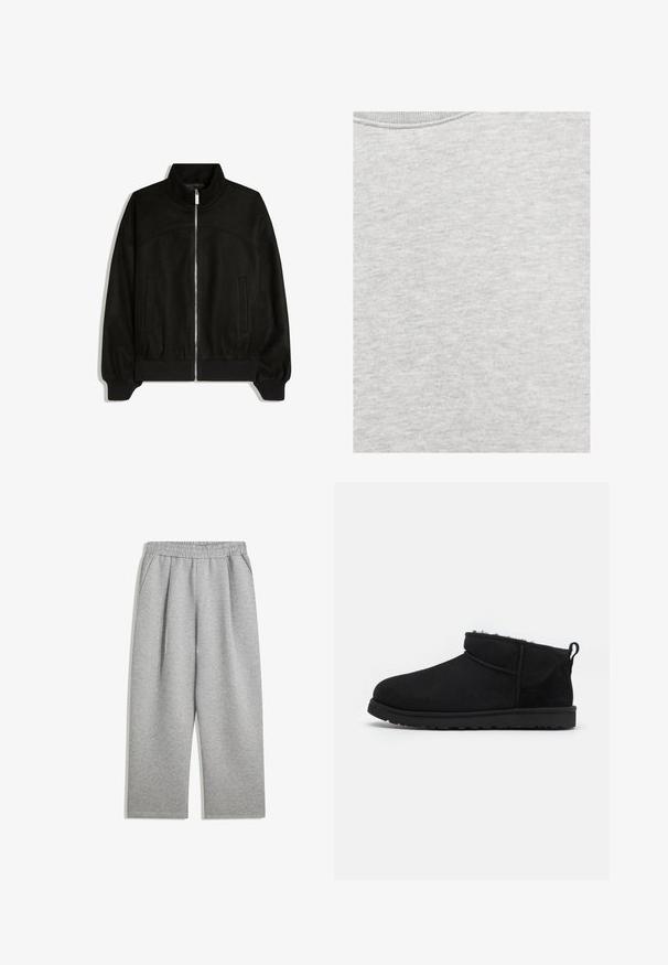Veste noire zippée avec col montant, manches longues, poignets et ourlet côtelés, et deux poches devant, présentée à plat sur fond blanc.; Gros plan sur une texture de tissu gris clair avec un motif fin en maille visible et une apparence douce, légèrement chinée.; Pantalon de survêtement gris clair avec taille élastique et poches latérales, coupe droite, fabriqué en tissu doux.; Bottines noires en daim avec une doublure douce et texturée, une semelle en caoutchouc basse et une languette à l'arrière pour un enfilage facile.
