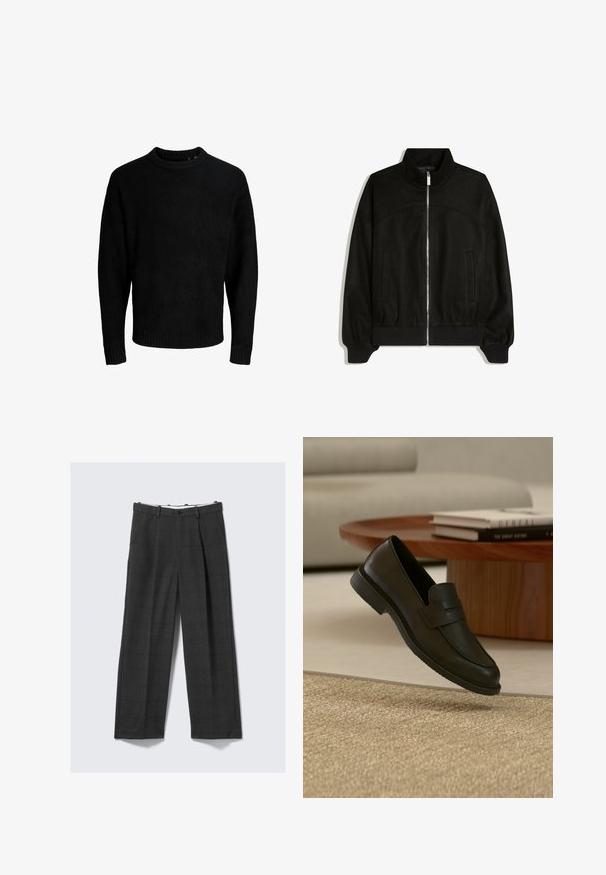 Veste noire zippée avec col montant, manches longues, poignets et ourlet côtelés, et deux poches devant, présentée à plat sur fond blanc.; Pull noir, encolure ronde, manches longues, poignets et ourlet côtelés, texture douce, couleur unie, design minimaliste.; Pantalons larges, gris foncé, avec un motif à carreaux, confectionnés dans un tissu texturé. Dotés d'une fermeture à bouton et de deux poches latérales.; Chaussure mocassin en cuir noir présentée en suspension au-dessus d'un tapis beige tissé, avec une table en bois et des livres empilés dans un salon doucement éclairé.
