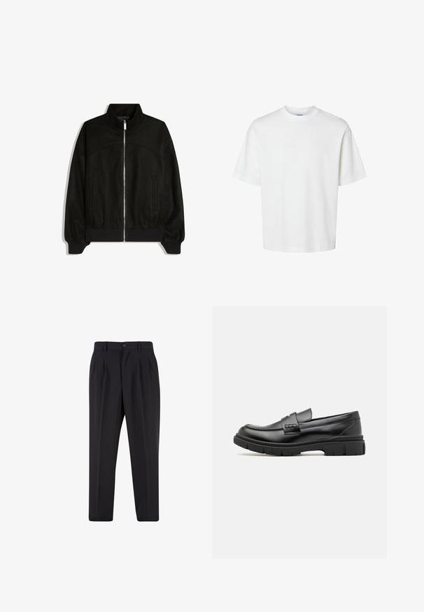 Veste noire zippée avec col montant, manches longues, poignets et ourlet côtelés, et deux poches devant, présentée à plat sur fond blanc.; T-shirt blanc uni à manches courtes, col rond et coupe décontractée, présenté sur un fond blanc.; Pantalon noir sur mesure avec plis à l'avant, passants pour ceinture et fermeture par bouton à la taille.; Mocassin en cuir noir avec une large sangle sur le devant, semelle en caoutchouc à épaisse rainure, et texture lisse. Design classique et élégant.