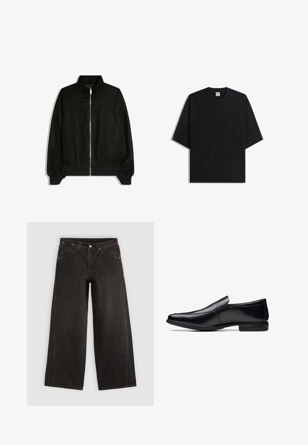 Veste noire zippée avec col montant, manches longues, poignets et ourlet côtelés, et deux poches devant, présentée à plat sur fond blanc.; T-shirt noir surdimensionné à col rond avec manches courtes, vue à plat sur fond blanc, étiquette Bershka visible à l'intérieur du col.; Jean noir à jambes larges avec poches avant, fermeture par boutons et passants de ceinture, présenté à plat sur un fond clair.; Chaussure noire en cuir à enfiler avec un bout pointu, finition polie, détails de couture subtils et semelle en caoutchouc à profil bas.