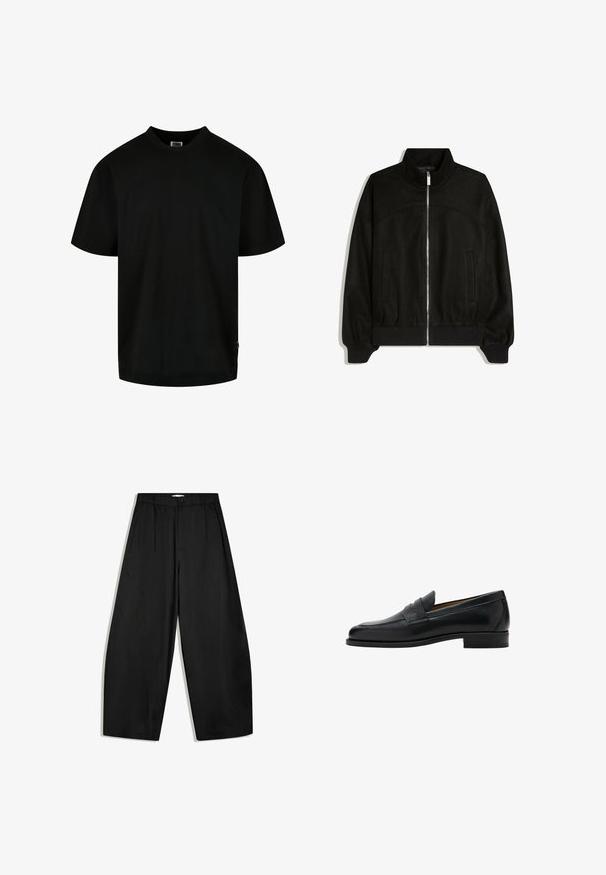 Schwarze Jacke mit Reißverschluss, hohem Kragen, langen Ärmeln, gerippten Bündchen und Saum sowie zwei Fronttaschen, flach auf weißem Hintergrund dargestellt.; Schwarzes T-Shirt aus Baumwolle, mit Rundhalsausschnitt und kurzen Ärmeln in lockerer Passform. Einfaches Design, ohne Muster oder Grafiken.; Schwarze weit geschnittene Hose mit hoher Taille, Knopfverschluss und Falten vorne, auf weißem Hintergrund präsentiert.; Schwarzer Leder-Pennyloafer mit niedrigem Absatz, abgerundeter Spitze und einem Riemen über dem oberen Teil des Schuhs.