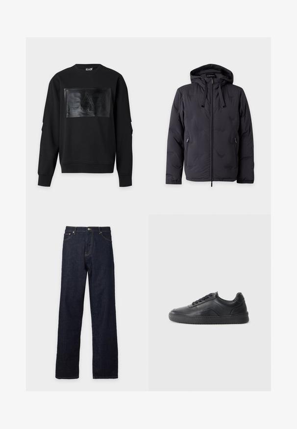 Veste noire à capuche avec fermeture éclair, cordons, deux poches latérales zippées et poignets élastiques, présentée sur fond uni.; Sweat-shirt noir à manches longues avec un patch rectangulaire brillant embossé « EA7 Emporio Armani » au centre devant.; Jean droit en denim bleu foncé avec fermeture avant par bouton et fermeture éclair, passants de ceinture et coutures visibles sur les poches et les coutures.; Chaussure de sport en cuir noir avec une finition lisse, bout arrondi, panneau latéral texturé et lacets noirs. Présente une semelle en caoutchouc plate et un design minimaliste.