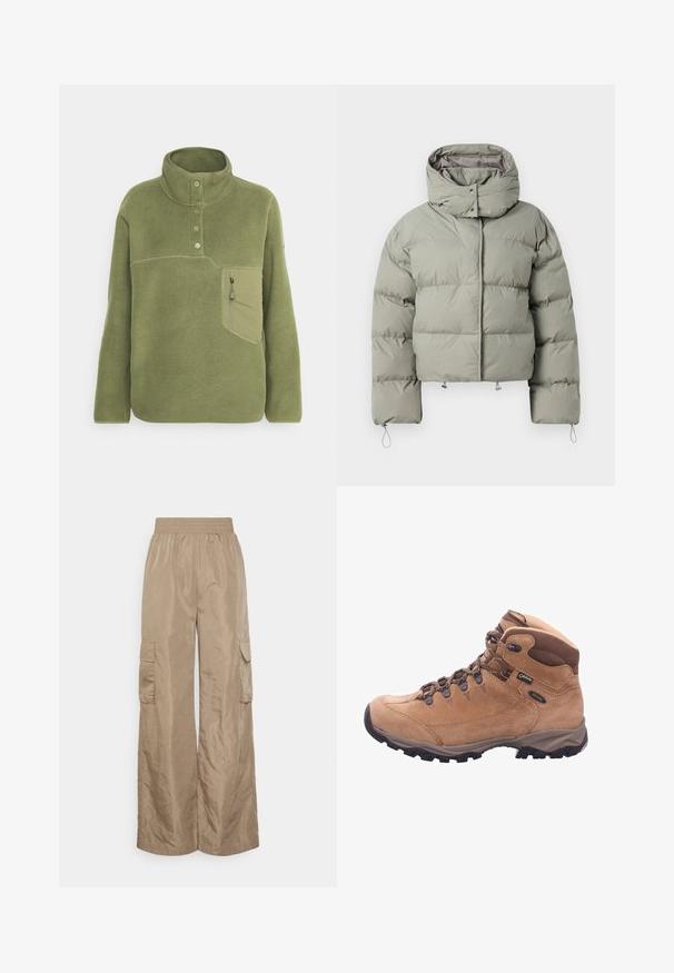 Chaqueta de plumas en verde apagado, con cuello alto, ajuste oversize, textura acolchada y cordones ajustables en el dobladillo y en los puños.; Sudadera de forro polar verde oliva con un cuello alto, tres botones y un bolsillo en el pecho con cremallera. Textura suave con detalles de costura en contraste.; Even&Odd Tall by Zalando Pantalones cargo - beige; Bota de senderismo marrón hecha de ante y material sintético, con un tobillo alto, cordones en la parte delantera y suela de goma con tacos profundos para mayor tracción.