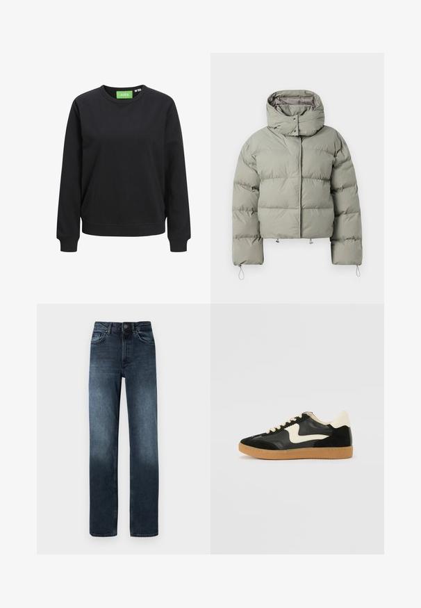 Pufferjack in gedempt groen, met een hoge kraag, oversized pasvorm, gequiltde textuur en verstelbare trekkoorden aan de zoom en mouwen.; Zwarte crewneck sweatshirt van katoen. Voorzien van ribgebreide manchetten en zoom, met een groen label met de tekst "JJXX" bij de hals.; Donkerblauwe spijkerbroek met een rechte pasvorm, vijf zakken en een knoopsluiting aan de voorkant. Kenmerkt vervagingsdetails bij de zoom.; Zwarte suède en leren sneaker met een crèmekleurige zij-swoosh en lichte crèmekleurige hiel. Voorzien van beige veters en een gumrubberen zool.