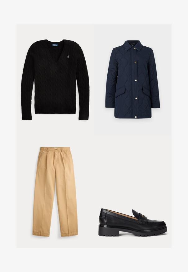 Marineblaue, lang gesteppte Jacke mit Kragen, vorderer Druckknopfverschluss und zwei Klappentaschen an den Seiten.; Schwarzer kabelgestrickter V-Ausschnitt-Pullover mit langen Ärmeln und kleinem weißen Polo Ralph Lauren Logo auf der linken Brust.; Beige gerade geschnittene Hose mit Knopf- und Reißverschluss, Fronttaschen, Gürtelschlaufen und gebügelten Bügelfalten an den Beinen.; Schwarzer Lederloafer mit grober profillierter Sohle, niedrigem Absatz und dekorativem Riemen über dem Vorderfuß.