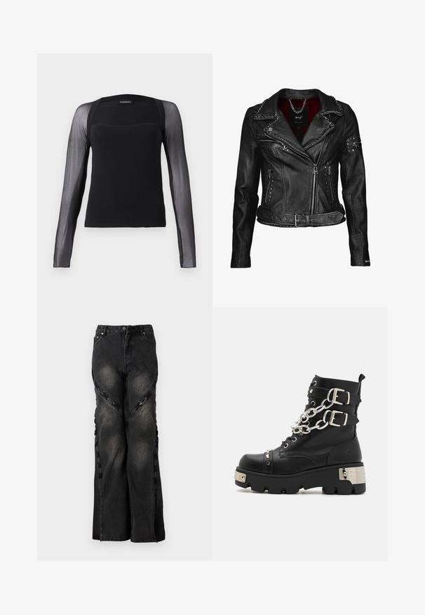 Maze ROCKIG SPICER - Læderjakker - black; Sort langærmet top med en ensfarvet bodice og gennemsigtige sorte meshærmer. Har en kvadratisk halsudskæring og en glat tekstur.; Sorte denimjeans med en vid benudskæring, der har kædeaccentuer langs sidesømmene og en knap- og lynlåslukning i taljen.; Koi Footwear SHACKLED SHADOWS HEAVY DUTY CHAIN - Cowboy- / bikerstøvlette - black