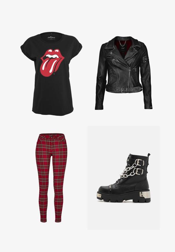 Maze ROCKIG SPICER - Veste en cuir - black; T-shirt noir en coton avec un motif graphique en rouge et blanc du logo des Rolling Stones représentant des lèvres et une langue sur le devant. Encolure ronde.; Jeans skinny à carreaux rouges avec une coupe ajustée, ornés de lignes jaunes et noires, avec une fermeture à bouton et des poches avant standard.; Koi Footwear SHACKLED SHADOWS HEAVY DUTY CHAIN - Bottines de cowboy / motard - black
