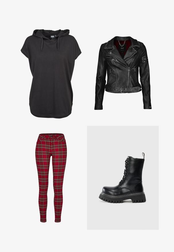 Maze ROCKIG SPICER - Lederjacke - black; Schwarzes Kapuzenshirt mit kurzen Ärmeln, aus weichem Stoff gefertigt. Verfügt über verstellbare Kordeln und eine lockere Passform. Einfaches Design, ohne Muster.; Rote karierte Skinny Jeans mit einer taillierten Passform, die gelbe und schwarze Linien aufweisen, einem Knopfverschluss und klassischen Fronttaschen.; Schwarzer Leder Kampfstiefel mit dicker Profilsohle, vorderer Schnürung, seitlichem Reißverschluss und Zuglasche auf einfarbigem hellem Hintergrund.