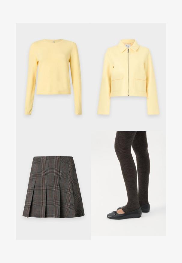 Veste jaune courte avec une fermeture éclair à l'avant, deux poches avant et un col plat. Texture douce et design minimaliste.; Pull jaune à manches longues en tissu doux avec un col rond et un ourlet côtelé, présentant une texture lisse et une coupe décontractée.; Jupe à carreaux gris avec des plis, ornée de motifs complexes en noir et blanc, accentuée par de fines lignes rouges. Fabriquée dans un tissu structuré.; Jambes portant des leggings côtelés foncés associés à des ballerines noires avec de petits détails en nœud sur fond blanc.