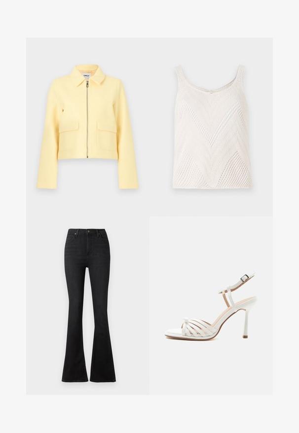 Gul kort jakke med lynlås foran, to forlommer og en flad krave. Blød tekstur og minimalistisk design.; Lett hvid strikket tanktop med et chevronmønster, der har smalle skulderstropper og åben vævet struktur.; Sorte flare jeans lavet af denim, med høj talje, forlommer og et klassisk fem-lomme design med metal knap hardware.; Hvid sandal med høj hæl med ankelrem og spænde, åben tå og flere smalle remme over forfoden.