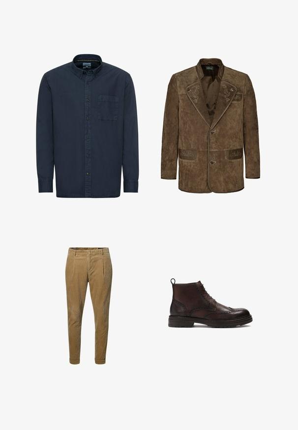 Braune Wildlederjacke mit gestickten Akzenten am Kragen und an den Taschen. Verfügt über ein einreihiges Design und zwei Knöpfe.; Marineblaue Button-Down-Hemd aus Baumwolle. Verfügt über einen klassischen Kragen, lange Ärmel, eine einzelne Brusttasche und dezente Nähdetails.; Braune Cordhosen mit schmalem Schnitt, vorderen Falten und hochgekrempelten Säumen. Glatte Textur mit vertikalem Rippmuster.; Braune Lederstiefeletten mit Broguedetails, runder Zehenform, Schnürdesign und einer strukturierten Gummisohle mit einer Zuglasche an der Ferse.
