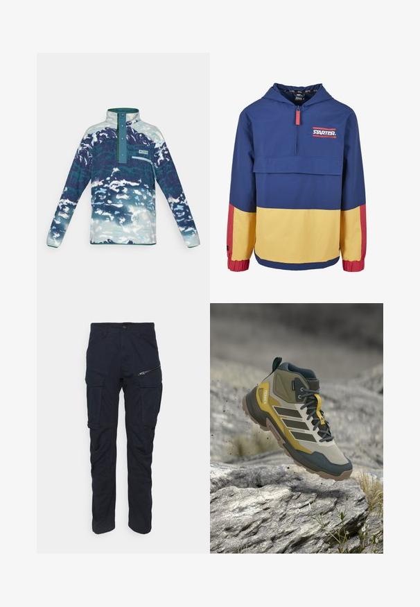 Pullover hoodie in marineblauw met gele en rode panelen. Voorzien van een voorrits, logo op de borst en elastische manchetten. Lichtgewicht materiaal.; Fleece pullover met lange mouwen en hoge kraag, drukknoopjes, borstzak met ritssluiting, en een blauw-wit abstract patroon.; Donkerblauwe cargo-broek met een ritszak, meerdere zijzakken, een recht gesneden ontwerp en duurzame stof met een gladde textuur.; Buitenschoenen voor wandelen met gele, grijze en groene accenten, zwevend boven rotsachtig terrein met kleine planten en een onscherpe achtergrond.