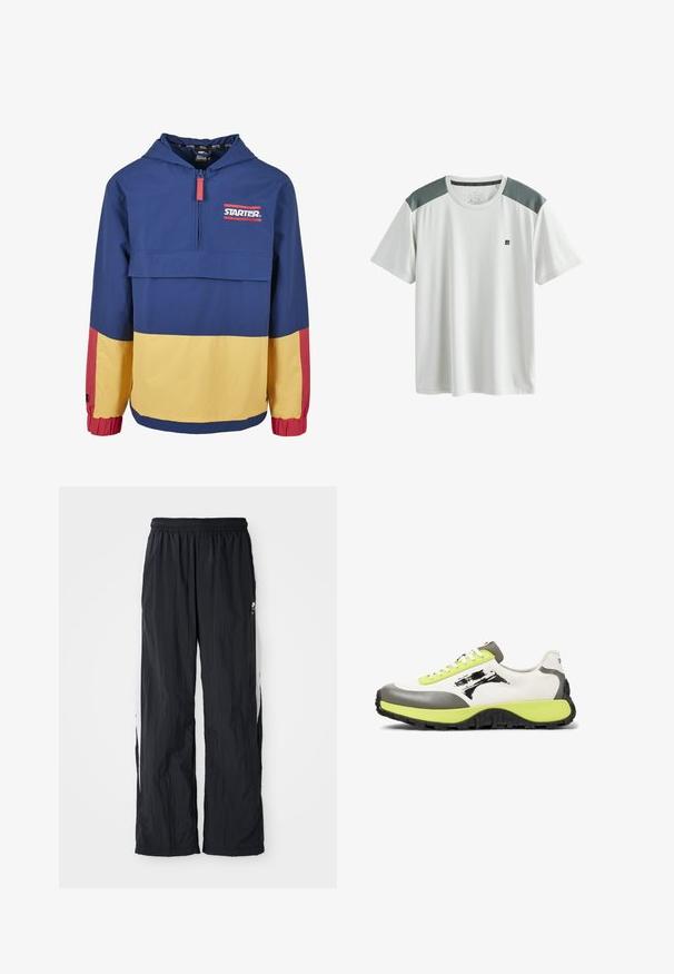 Chaqueta con capucha y pullover en azul marino, con paneles amarillos y rojos. Incorpora una cremallera frontal, un logo en el pecho y puños elásticos. Material ligero.; Camiseta deportiva blanca de manga corta con paneles de malla grises en los hombros y un pequeño logo negro en el pecho izquierdo.; Pantalones de chándal negros de nailon con pretina elástica, que presentan paneles laterales blancos y un sutil detalle de logo en la parte frontal.; Las zapatillas presentan una parte superior de lona blanca, acentos de goma gris, cordones de neón verde, un logo prominente y una suela negra texturizada para mayor agarre.