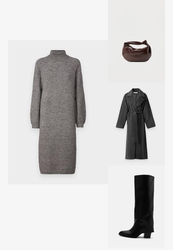 Manteau long en laine gris foncé avec des revers larges, un bouton, taille ceinturée et deux poches latérales, présenté sur un fond blanc.; Robe en tricot grise avec un col montant, des manches longues amples et une coupe droite. Fabriquée dans un tissu doux et texturé, arrivant au mi-mollet.; Botte haute en cuir noir avec couture inclinée, bout pointu et talon épais de taille moyenne sur fond blanc.; Sac bandoulière en cuir marron foncé avec une forme souple et décontractée et une anse nouée torsadée sur un fond blanc uni.