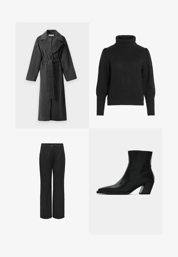 Manteau long en laine gris foncé avec des revers larges, un bouton, taille ceinturée et deux poches latérales, présenté sur un fond blanc.; Pull en laine noir avec un col haut côtelé. Il présente des épaules tombantes et des poignets côtelés aux longues manches, en tissu texturé.; Pantalons larges noirs en tissu lisse, avec une fermeture à bouton et des plis pour une apparence soignée.; Bottine en cuir noir avec un bout pointu, une silhouette élégante et un talon carré massif. Texture lisse avec des détails de couture minimalistes.