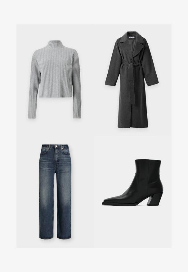 Mørkegrå lang uldfrakke med brede revers, en knap, bælte i taljen og to sidelommer, præsenteret på en hvid baggrund.; Grå ribbet turtleneck sweater med lange ærmer, cropped længde, blød tekstur og tætsiddende design. Ingen synlig hardware eller mønstre.; Mørkeblå jeans med høj talje og lige ben, med forlommer, bæltestropper, knaplukning og diskrete falmede detaljer på lår og knæ.; Sortlæder ankelstøvle med spids tå, en slank silhuet og en kraftig firkantet hæl. Glat tekstur med minimale stikninger.