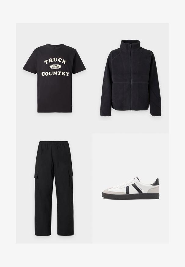Chaqueta de forro polar negra con cremallera, de mangas largas y cuello alto, hecha de una tela suave y texturizada, presentada sobre un fondo blanco liso.; Camiseta de algodón negro de mangas cortas con el texto "TRUCK COUNTRY" en color crema y un diseño del logo de Ford en el centro.; Pantalones cargo negros con cinturilla elástica, que cuentan con dos bolsillos cargo laterales y un diseño holgado de pierna recta. Hechos de un material ligero.; Zapatilla blanca con acentos en negro y gris, que presenta una puntera texturizada en gris, suela de goma negra y cordones planos blancos. Diseño limpio, estilo minimalista.