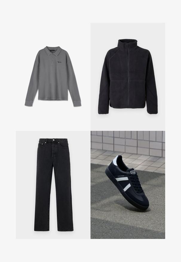 Schwarze Fleecejacke mit Reißverschluss, langen Ärmeln und hohem Kragen, aus weichem, strukturiertem Stoff, vor einem schlichten weißen Hintergrund präsentiert.; Langarm-Polohemd aus gestreiftem grauem Stoff. Verfügt über einen Kragen, eine Drei-Knopf-Leiste und dezente schwarze Markenkennzeichnung auf der Brust.; Schwarze Jeans mit geradem Bein und hohem Bund, fünf Taschen und Metallknopfverschluss. Der Stoff hat eine glatte Textur und einen leichten Glanz.; Schwarze Leder-Sneaker mit weißen Streifen, strukturiertem Gummisohle und Schnürung. Verfügt über ein Markenetikett auf der Zunge.